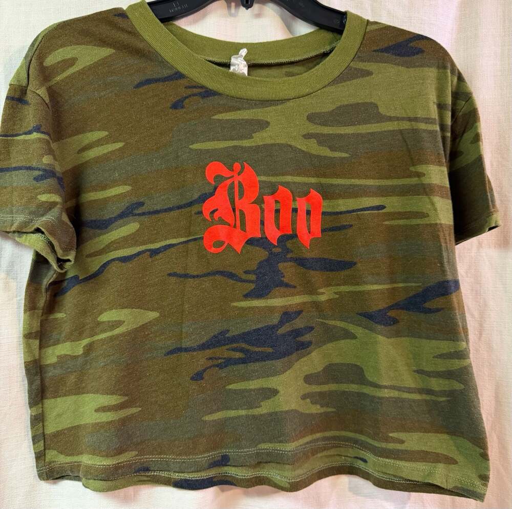 Alternative Apparel Camo Crop Top tee  With Red Boo Graphic